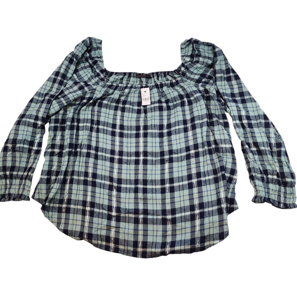 NWT Lane Bryant Milkmaid Top Classic Plus Size 28 Plaid Long Sleeve Teal Black